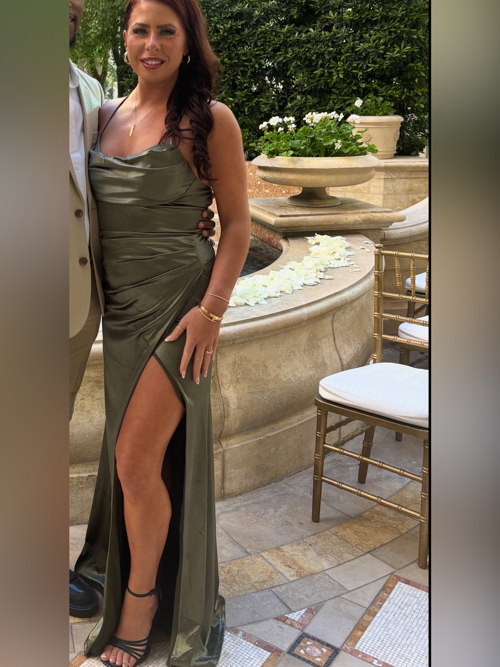 Windsor Olive Green Satin Cowl Slip Gown with Thigh Slit